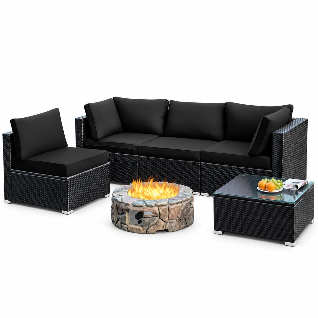 Costway 5PCS Patio Rattan Furniture Set Cushioned Sofa Chair Coffee Table Black
