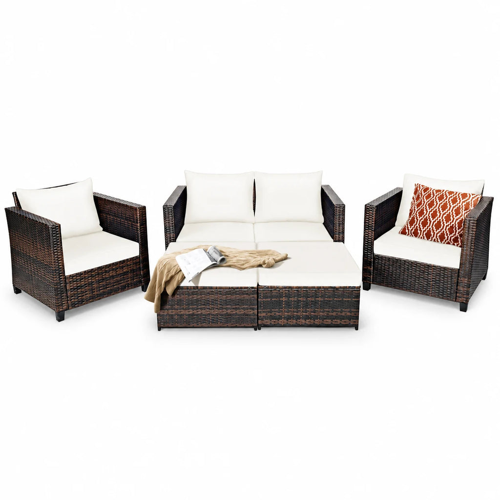 Patiojoy 5 Pieces Patio Furniture Set Sectional Wicker Sofa Conversation Set with Removable Cushions White