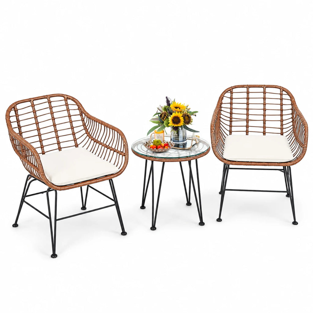 Costway 3PCS Patio Rattan Bistro Set Coffee Table Armchair Garden Beige Cushion