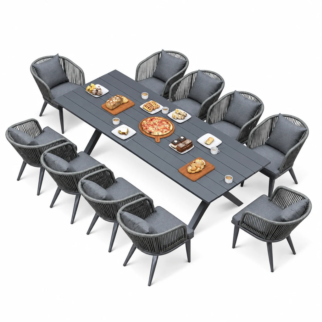 PURPLE LEAF 11 Pieces Patio Dining Set, Rectangular Aluminum Outdoor Table and 10 Wicker Chairs with Cushions for Garden Kitchen and Porch, Grey