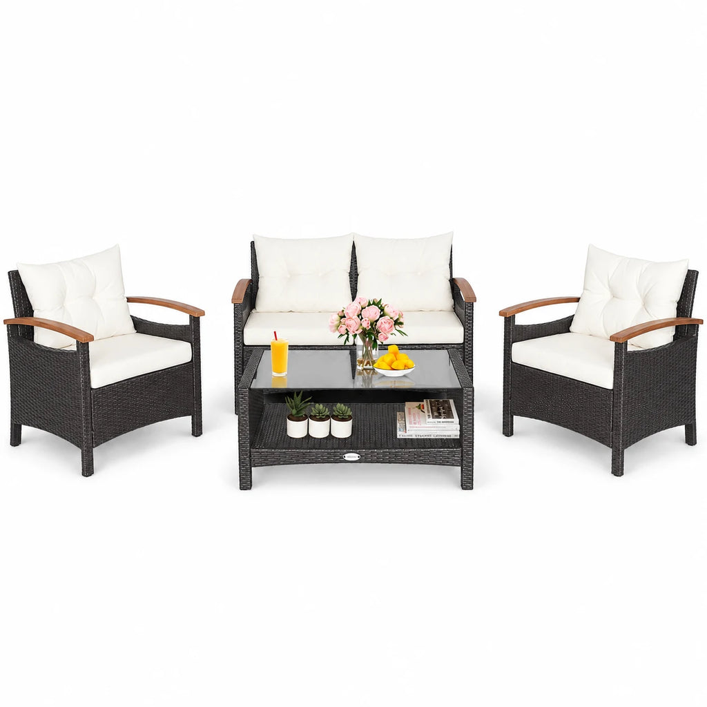 Patiojoy Patio Rattan 4PCS Cushioned Chair Side Table Set Bistro Set Classic Furniture Single Sofa Thick Cushion Loveseat for Garden Off White