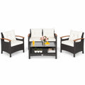 Patiojoy Patio Rattan 4PCS Cushioned Chair Side Table Set Bistro Set Classic Furniture Single Sofa Thick Cushion Loveseat for Garden Off White