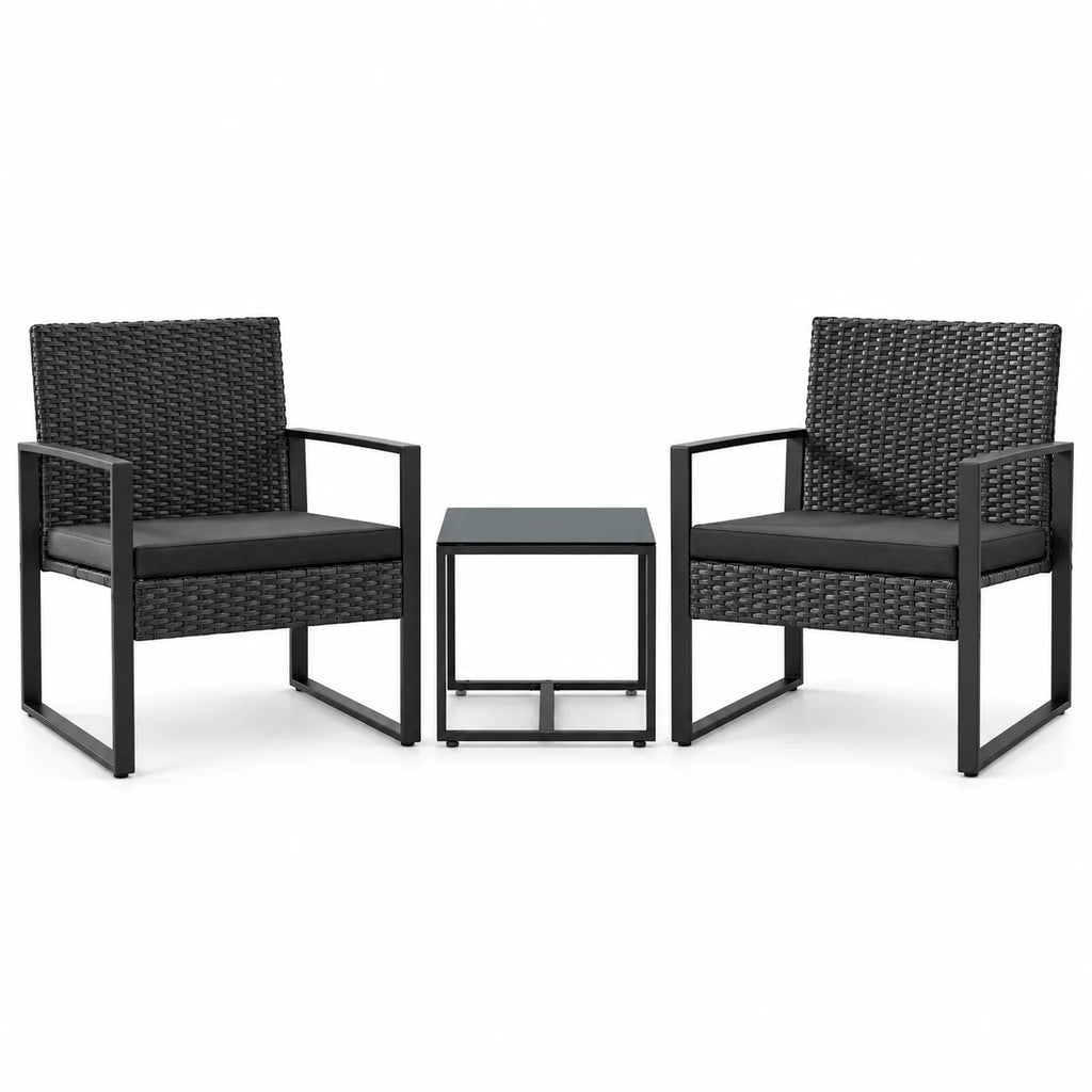 Homall 3 Pieces Outdoor Bistro Chair Set PE Rattan Patio Conversation Set of 2 with Cushion and Coffee Table, Black