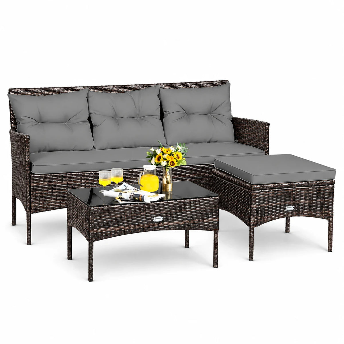 Gymax 3PCS Patio Rattan Sectional Conversation Furniture Set w/ Grey Cushions