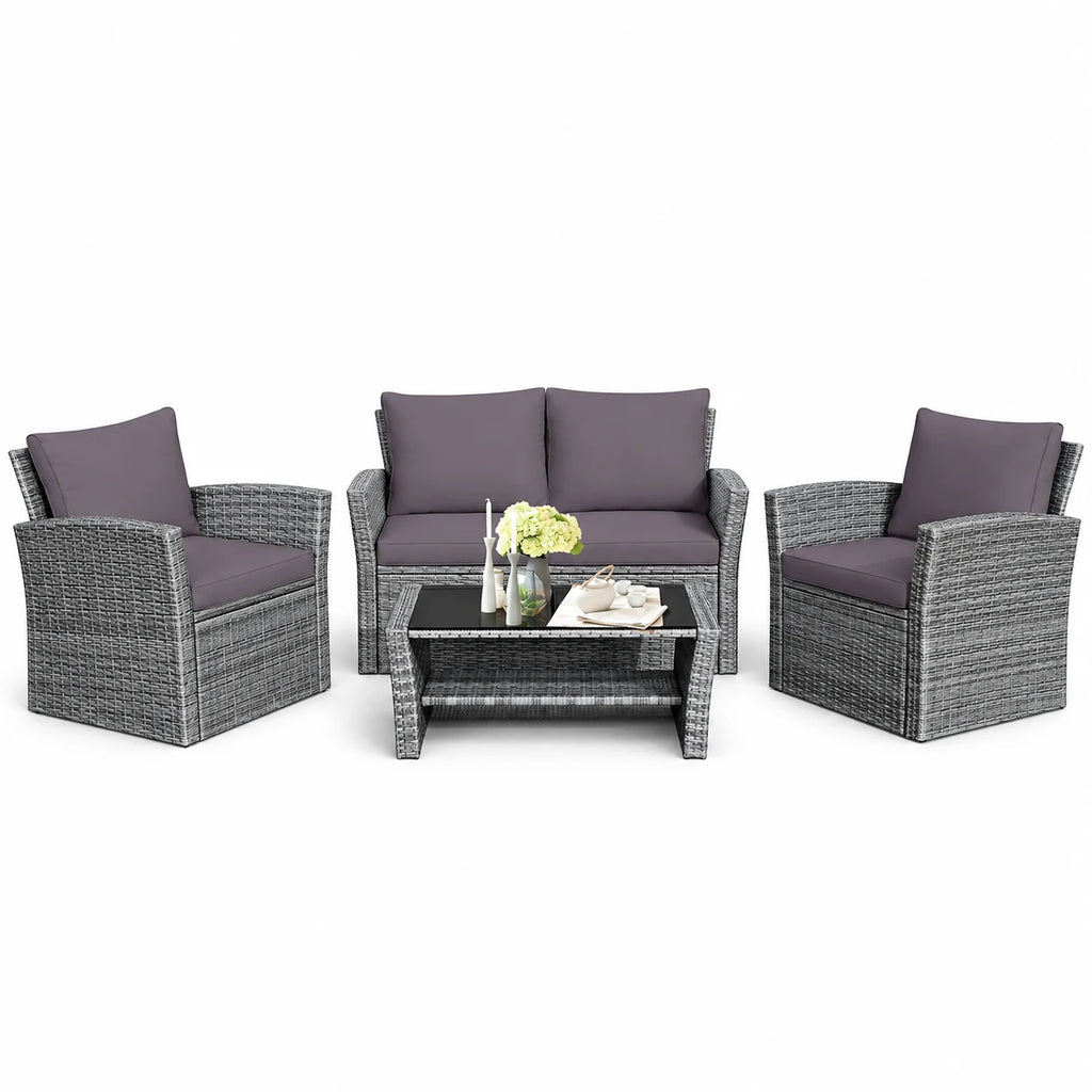 Costway 4PCS Patio Rattan Furniture Set Sofa Table W/Storage Shelf Gray Cushion