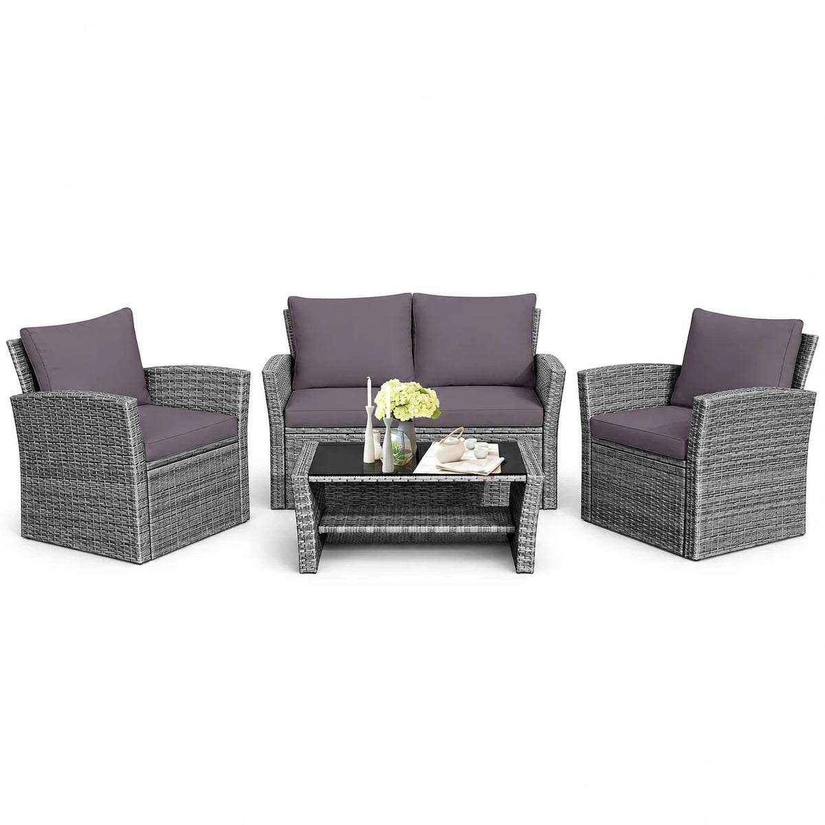 Costway 4PCS Patio Rattan Furniture Set Sofa Table W/Storage Shelf Gray Cushion