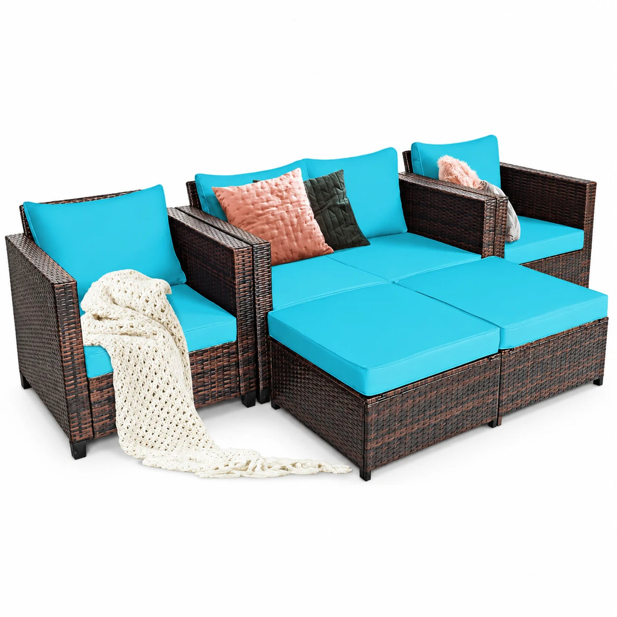 Costway 5PCS Patio Rattan Furniture Set Loveseat Sofa Ottoman Cushion Turquoise