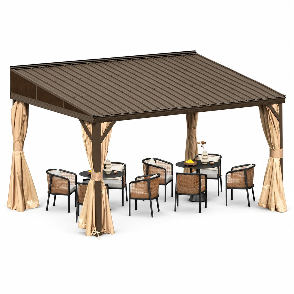 Domi 10x14FT Lean-To Gazebo, Outdoor Wall-Mounted Aluminum Frame Canopy with Sloping Galvanized Steel Roof, Netting & Curtains for Deck/Porch/Backyard