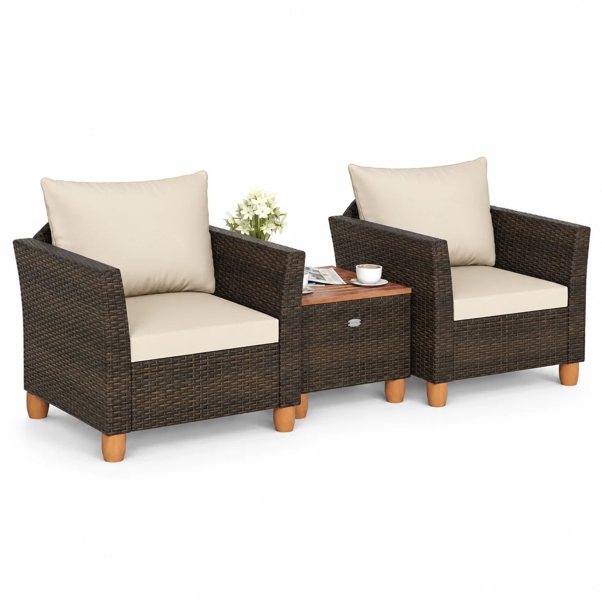 Gymax 3 PCS Patio PE Wicker Furniture Set Outdoor Conversation Bistro Set w/ Cushions Beige