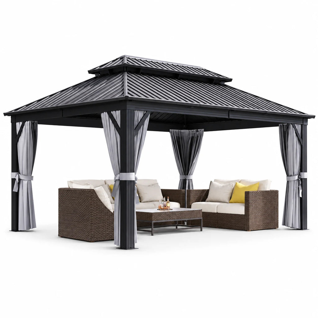 Aoxun 12 ft. x 16 ft. Outdoor Hardtop Gazebo, Galvanized Double Roof Aluminum Pavilion with Netting and Curtains for Garden, Patio, Lawns, Grey