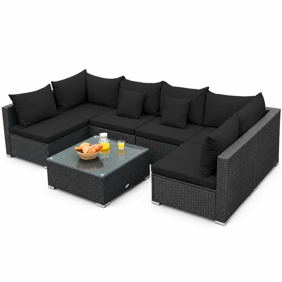 Gymax 7PCS Rattan Patio Conversation Set Sectional Furniture Set w/ Black Cushion