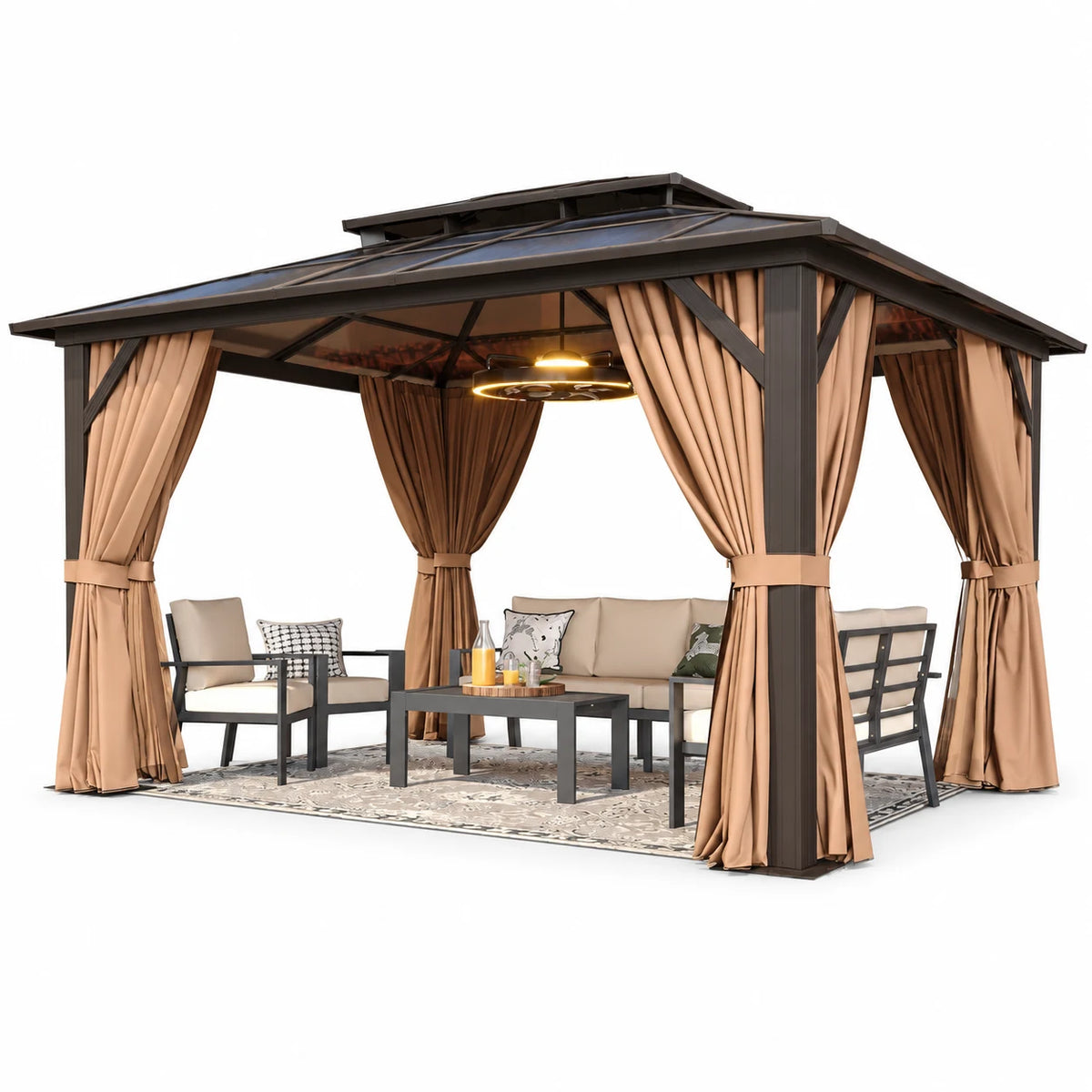 Aoxun 10 ft. x 12 ft. Hardtop Gazebo, Double Polycarbonate Roof Aluminum Frame Gazebo W/Curtain and Netting, Brown