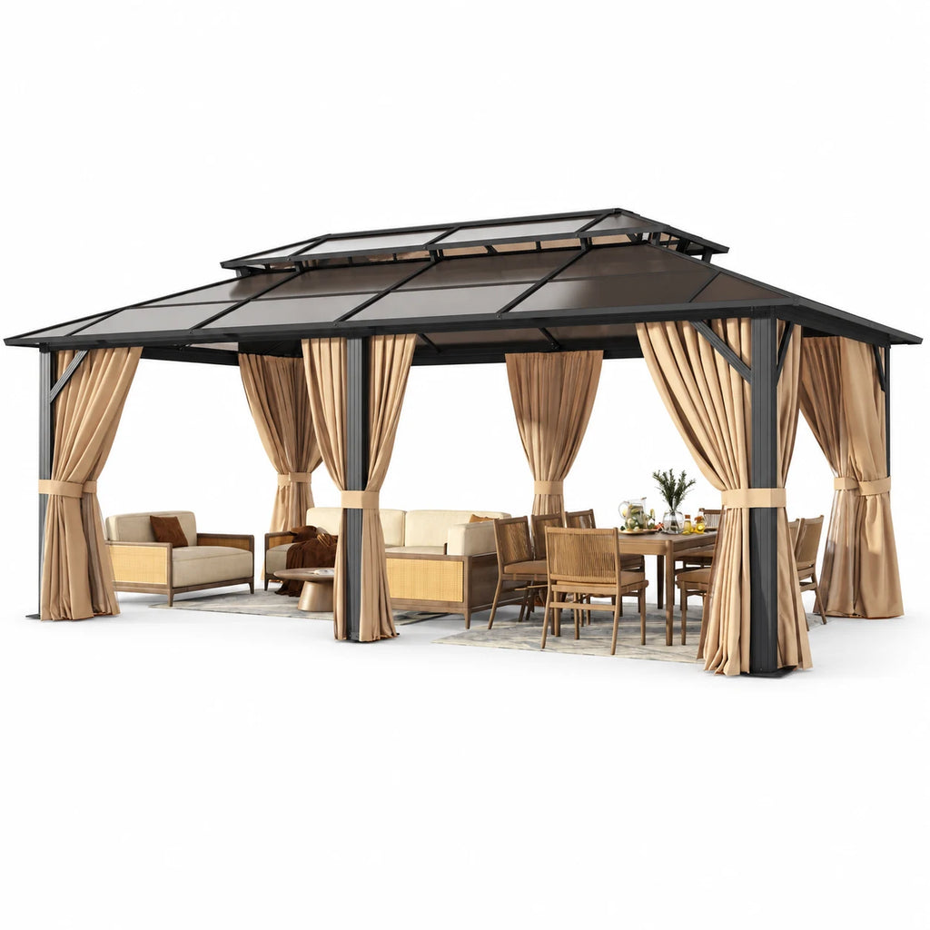 Clouddwell 12'x20' Hardtop Gazebo - Polycarbonate Double Roof with Netting & Curtains for Patio, Garden Sun Protection,Brown