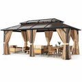 Clouddwell 12'x20' Hardtop Gazebo - Polycarbonate Double Roof with Netting & Curtains for Patio, Garden Sun Protection,Brown