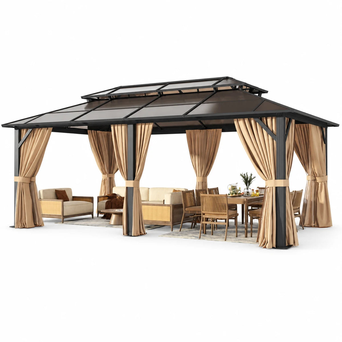 Clouddwell 12'x20' Hardtop Gazebo - Polycarbonate Double Roof with Netting & Curtains for Patio, Garden Sun Protection,Brown