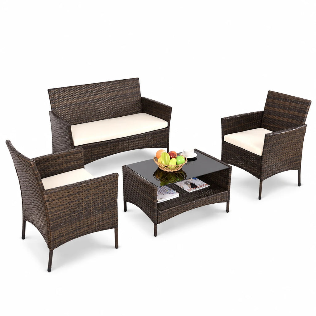 Costway 4pcs Patio Rattan Furniture Set Table Shelf Sofa Outdoor Garden W/ Beige Cushion