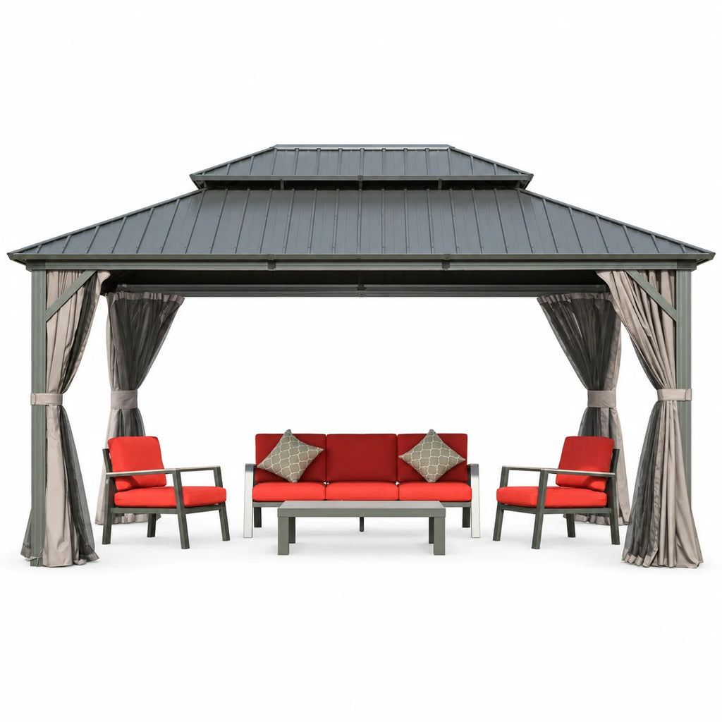 Domi Outdoor 10x14 ft Hardtop Gazebo Canopy Metal with Galvanized Steel Double Roof,Curtain & Netting for Patio Deck Backyard, Gray