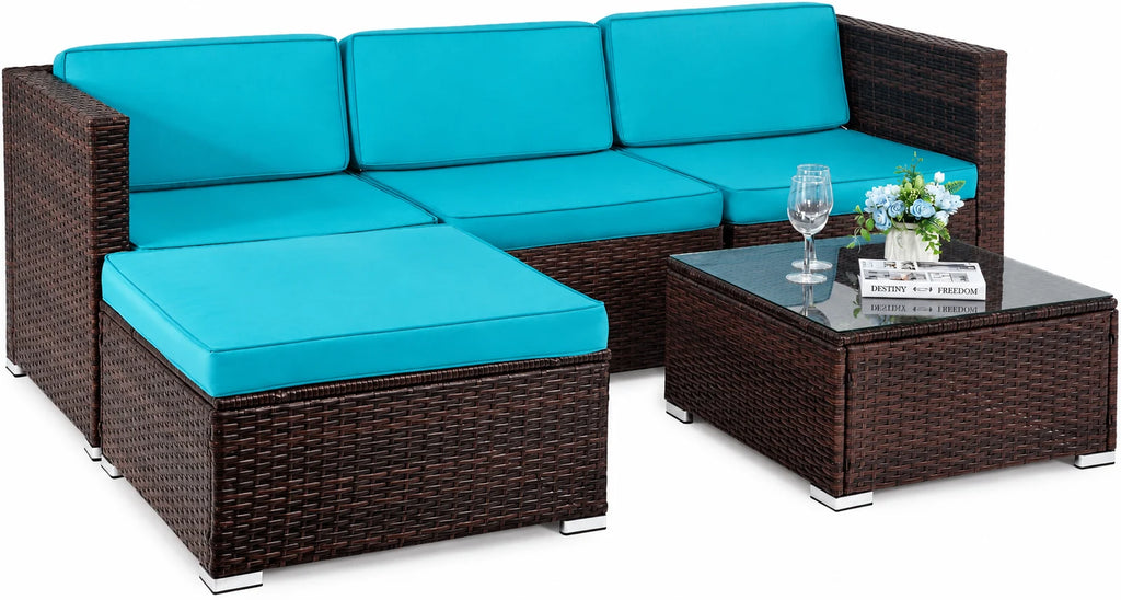 FDW 5-Piece Outdoor Patio Furniture Set, Rattan Wicker Sofa, Chairs & Table, Blue