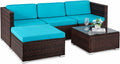 FDW 5-Piece Outdoor Patio Furniture Set, Rattan Wicker Sofa, Chairs & Table, Blue