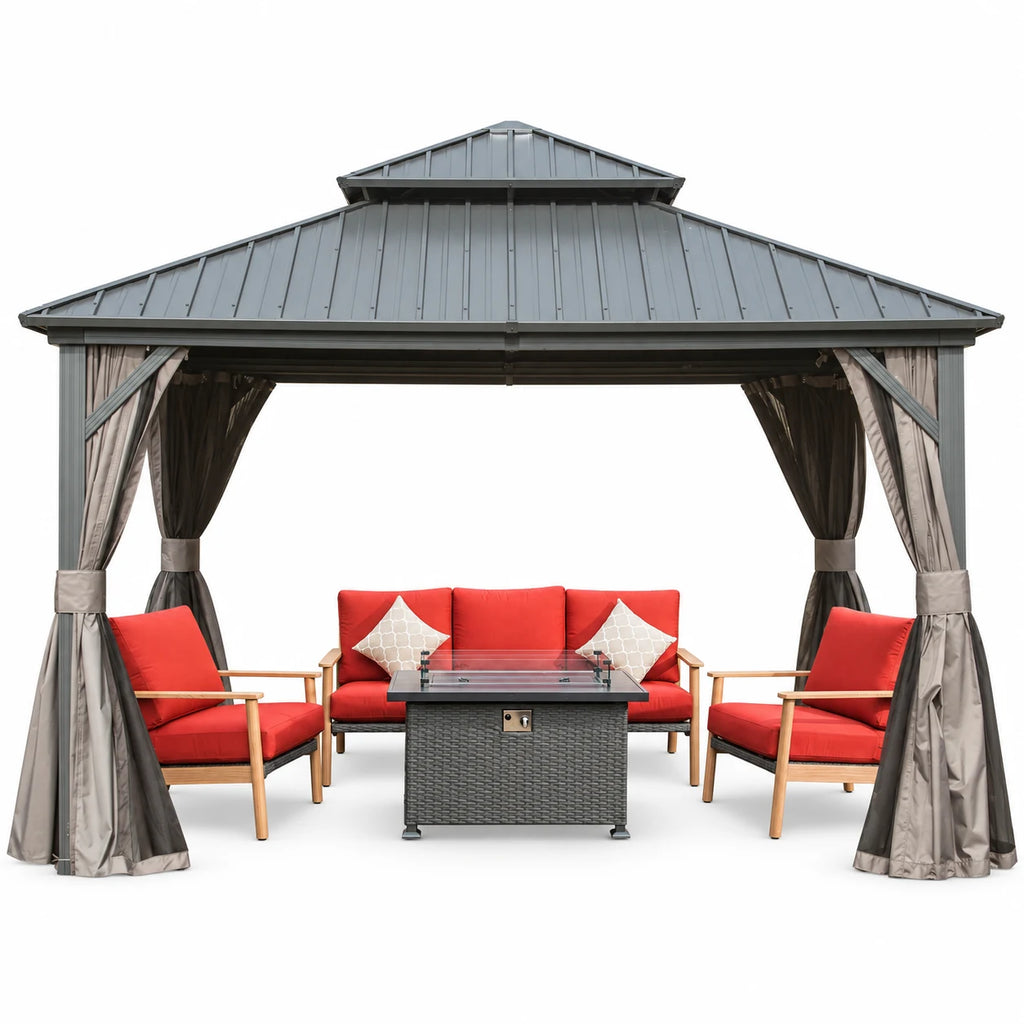 Domi Outdoor 12x12 ft Hardtop Gazebo Canopy Metal with Galvanized Steel Double Roof,Curtain & Netting for Patio Deck Backyard, Gray