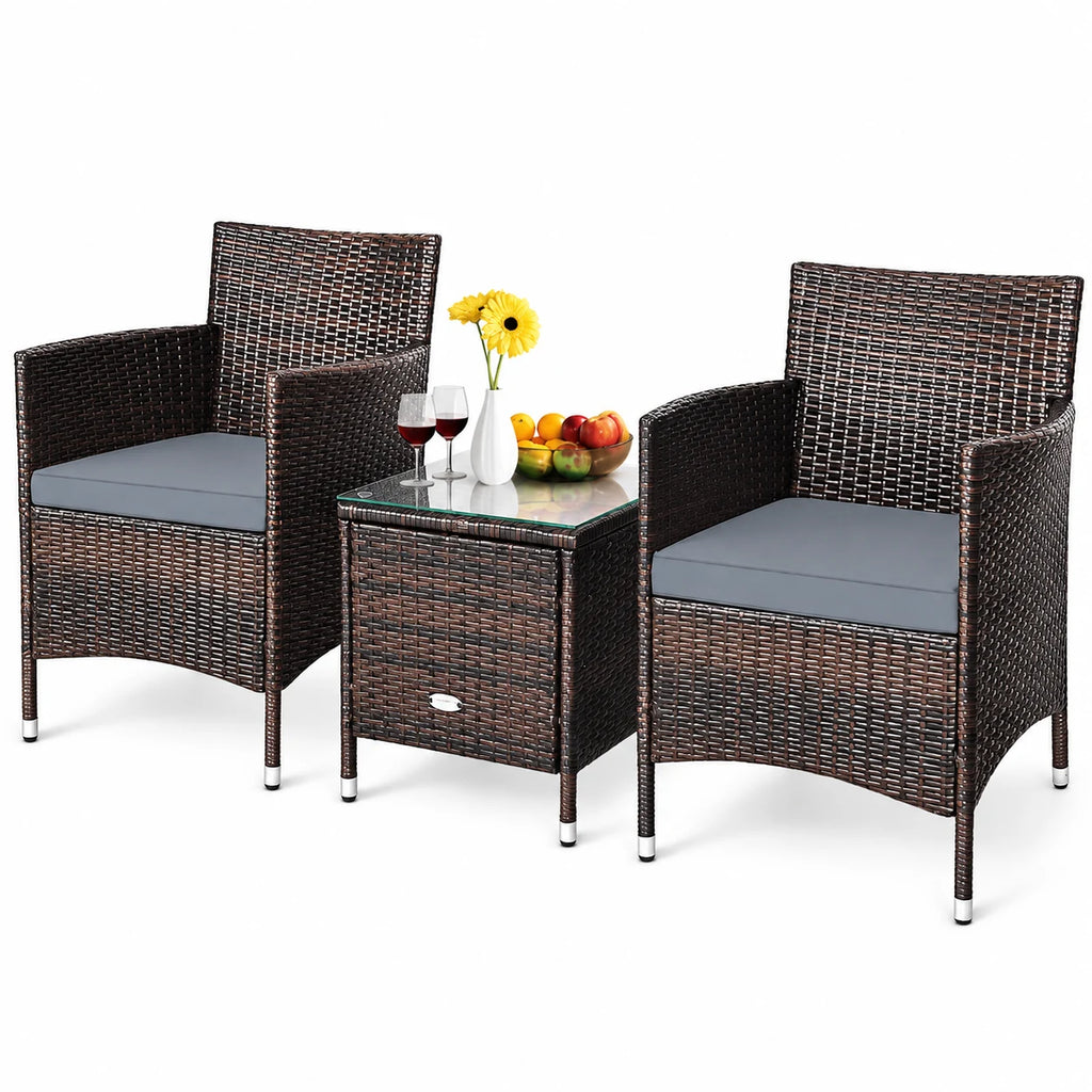Patiojoy 3-Piece Patio Wicker Rattan Furniture Set Conversation Sofa Set W/Coffee Table Grey