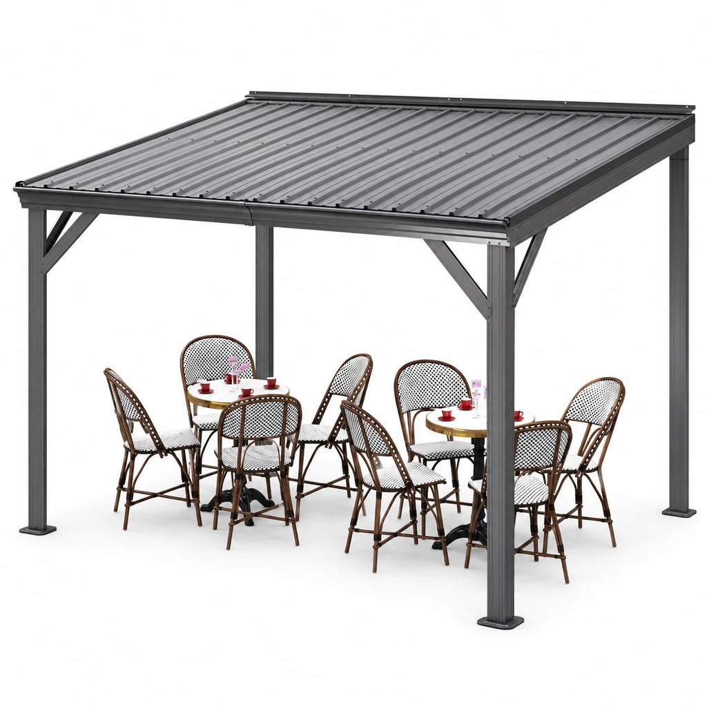 Domi 8x10FT Lean-To Gazebo, Wall-Mounted Hardtop with Galvanized Steel Roof, Aluminum Frame & Drainage System for Deck/Porch/Backyard