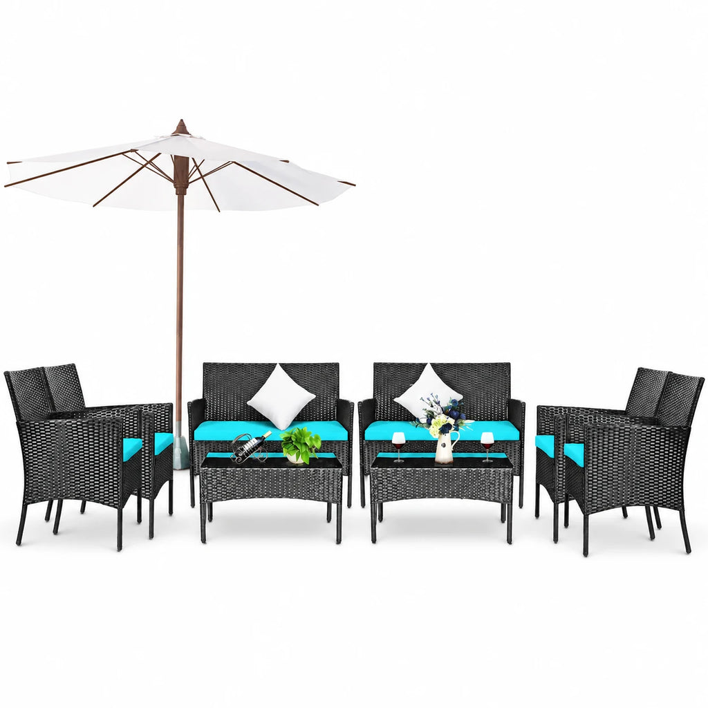 Costway 8PCS Patio Rattan Furniture Set Cushioned Sofa Coffee Table Backyard Turquoise