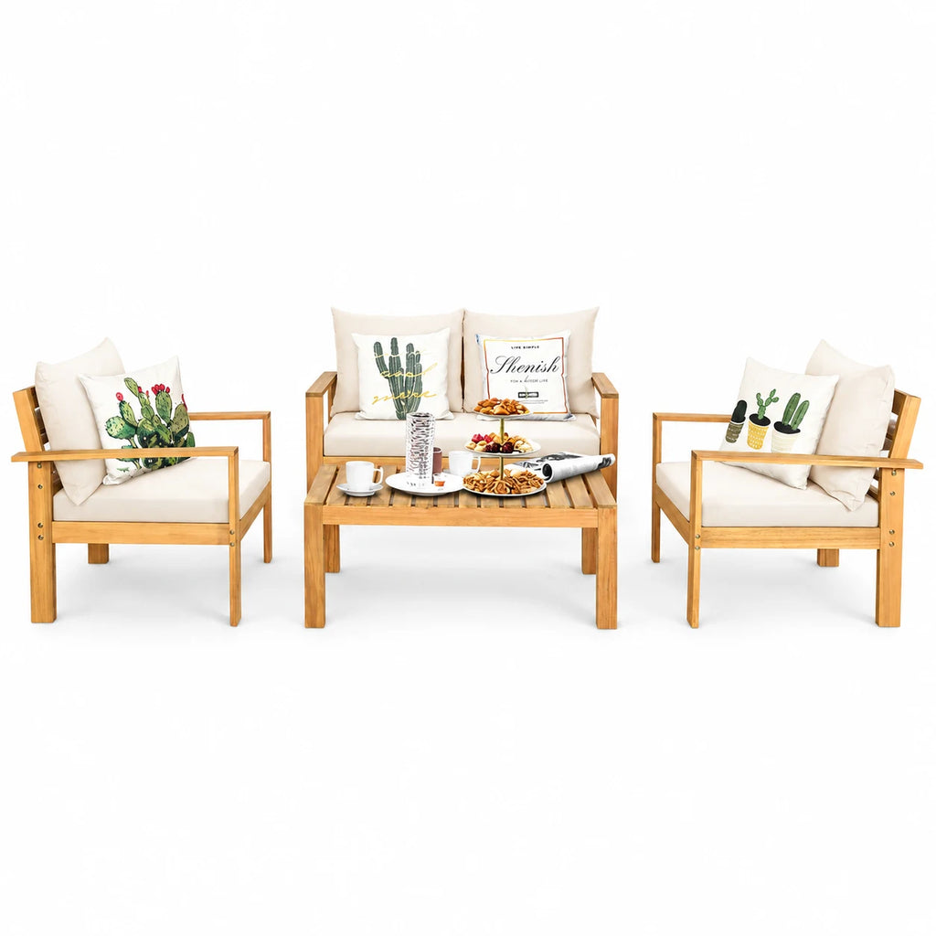Costway 4PCS Patio Furniture Set Acacia Wood Thick Cushion Loveseat Sofa Off White