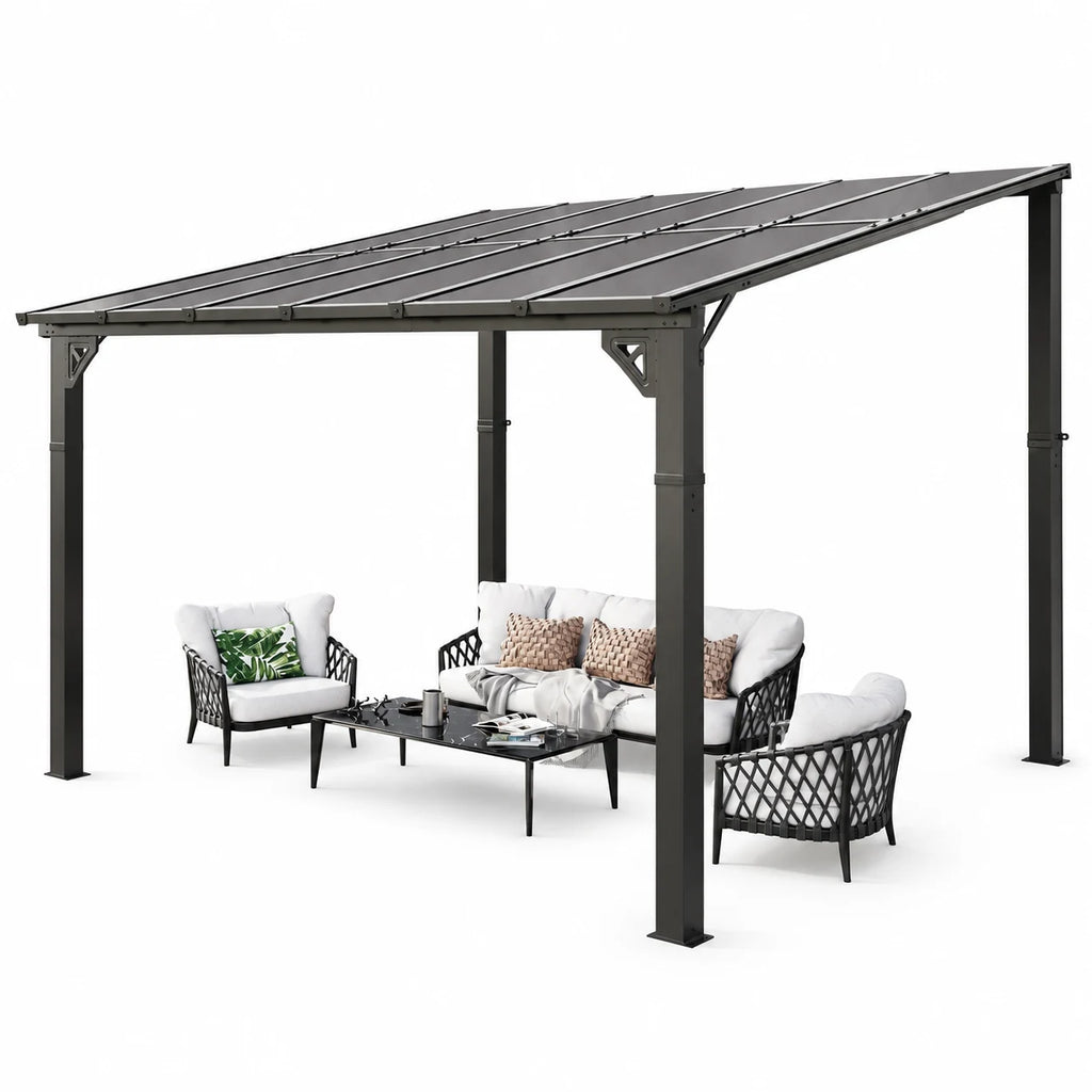 Clouddwell 12'x 10' Wall-Mounted Gazebo Pergola with Aluminum Top Frame & Polycarbonate Panel, Large Heavy-Duty Awnings for Backyard Black