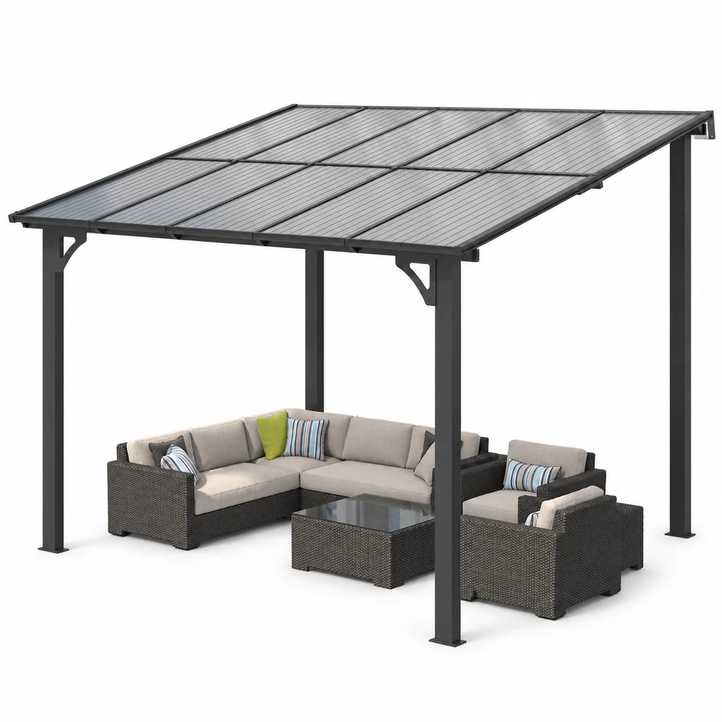 AECOJOY 10 x 8 Ft Wall-Mounted Hardtop Gazebo, Polycarbonate Roof & Metal Frame, Dark Grey