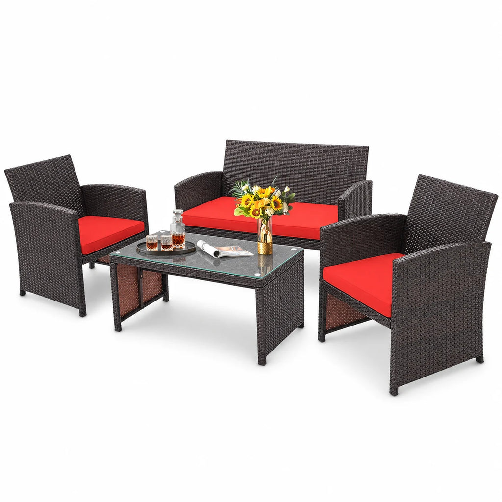 Costway 4PCS Patio Rattan Furniture Set Cushioned Chair Sofa Coffee Table Red