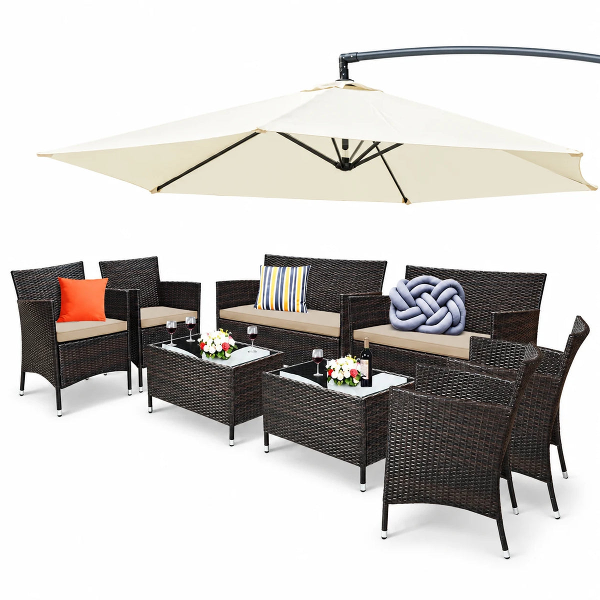 Costway 8PCS Rattan Patio Furniture Set Cushioned Sofa Chair Coffee Table Garden