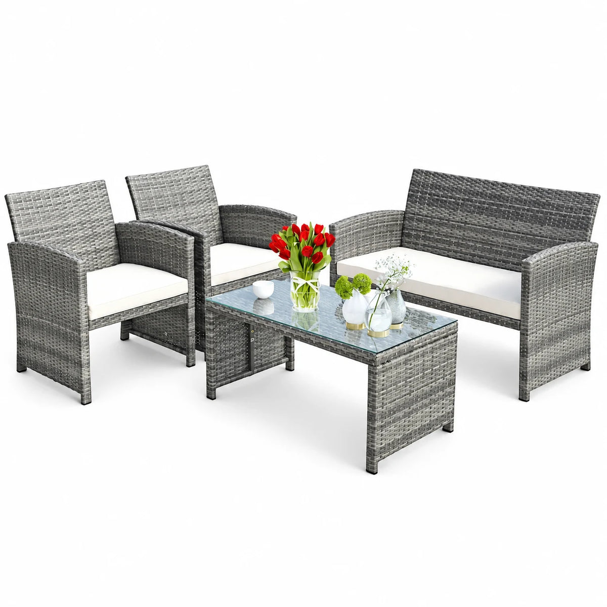 Costway 4pcs Rattan Wicker Patio Furniture Set Garden Lawn Sofa Cushioned Seat Mix