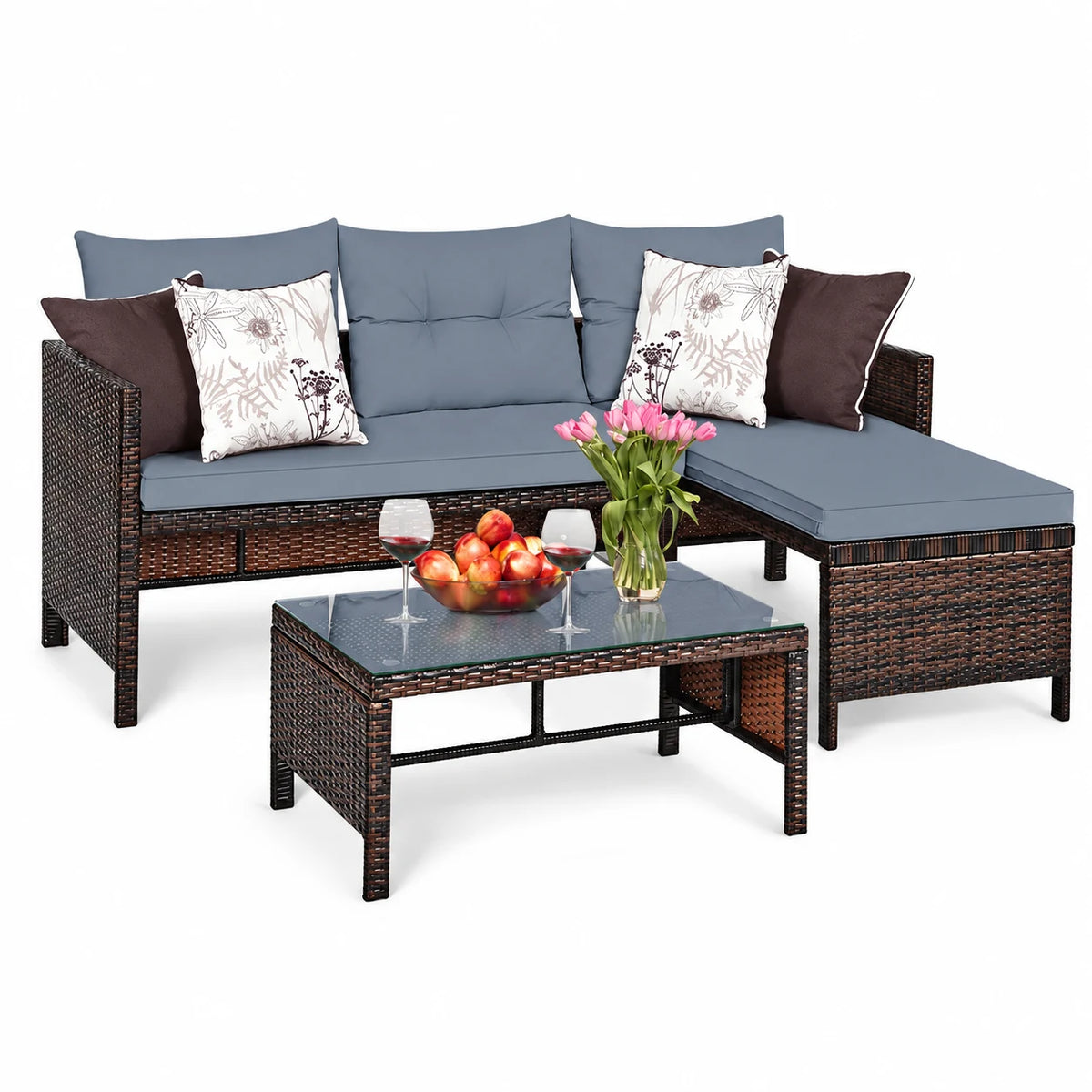 Costway 3PCS Patio Wicker Rattan Sofa Set Outdoor Sectional Conversation Set Lawn Garden
