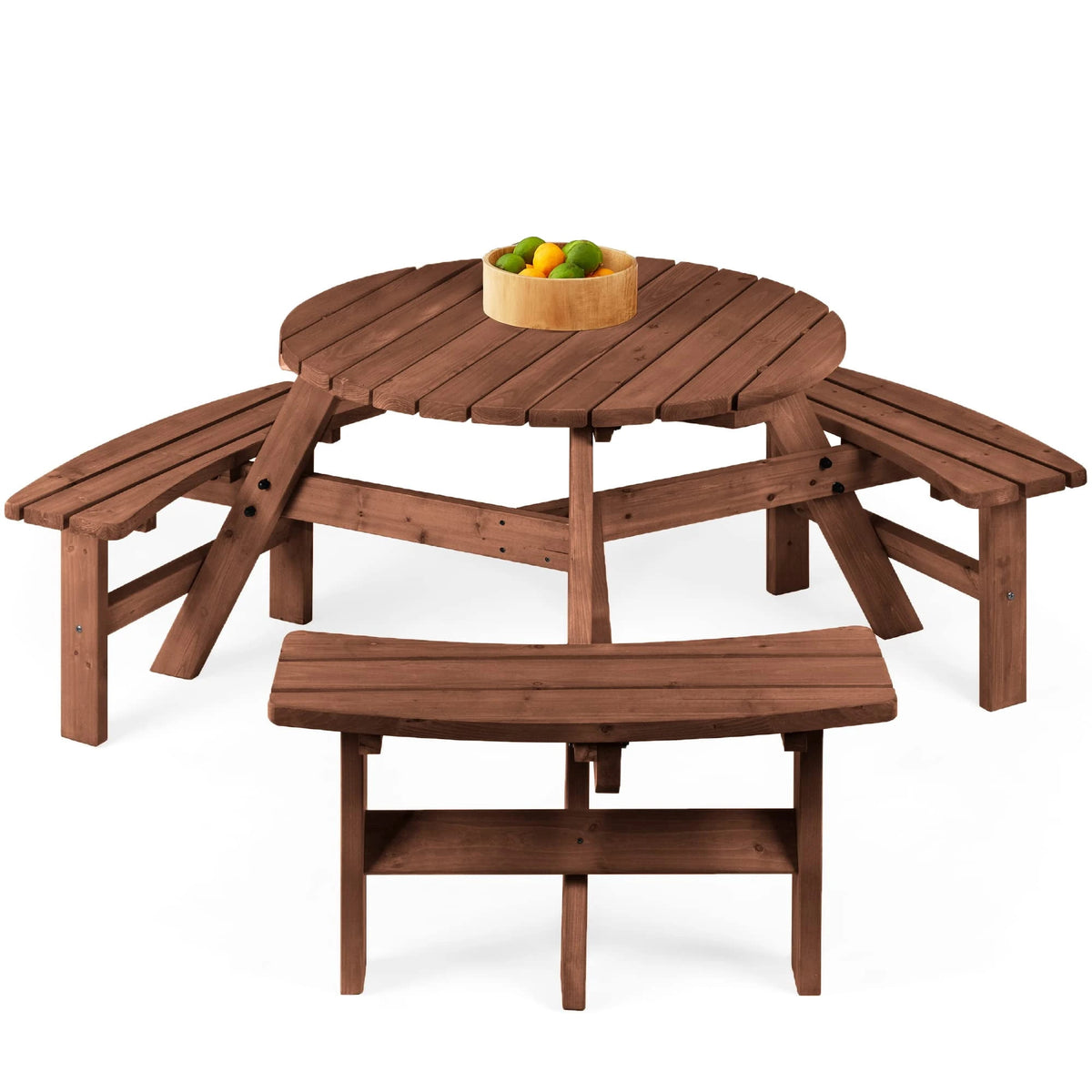 Best Choice Products 6-Person Circular Outdoor Wooden Picnic Table with 3 Built-in Benches, 500lb Capacity, Walnut Brown