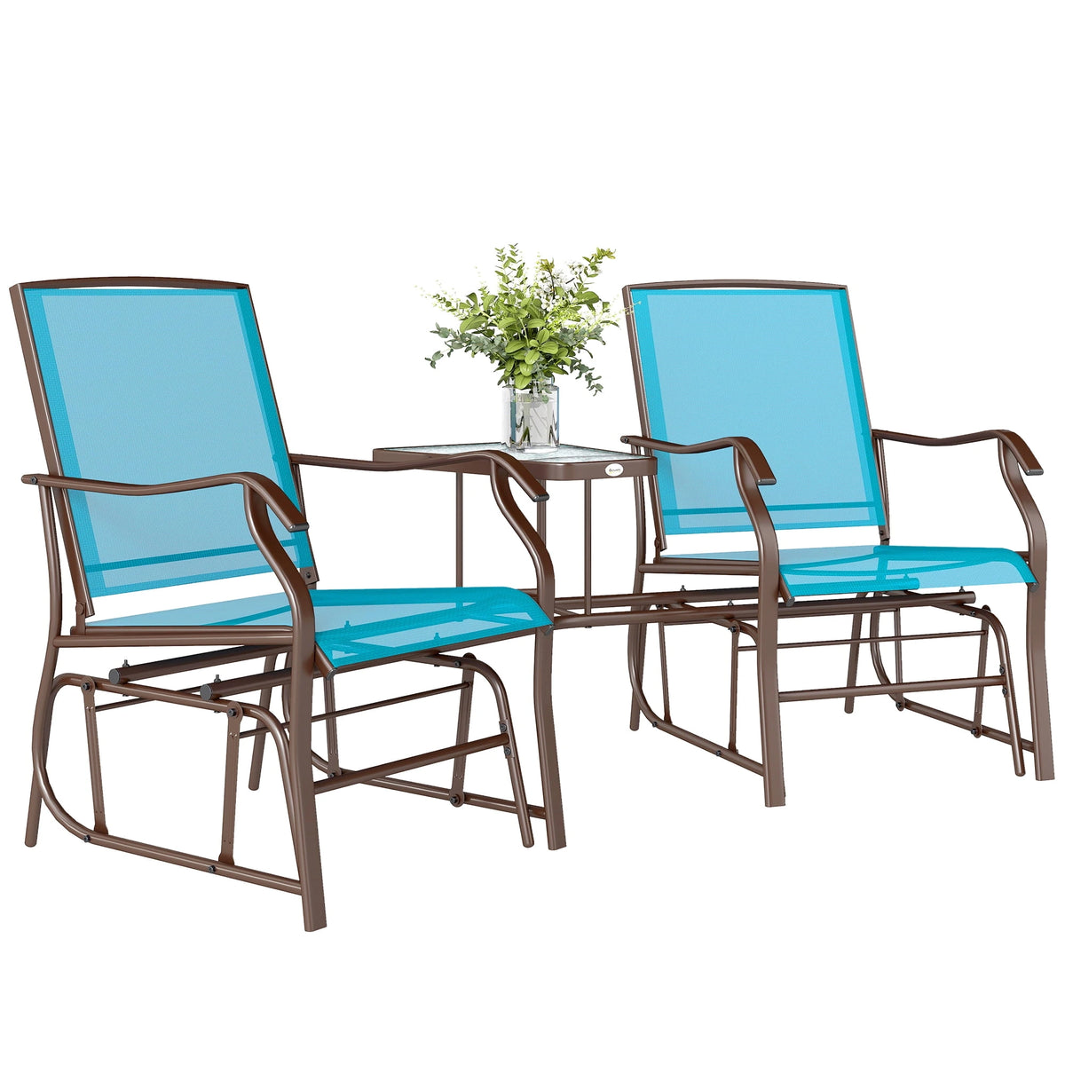 Outsunny Double Patio Glider Chair with Glass Top Center Table, Blue