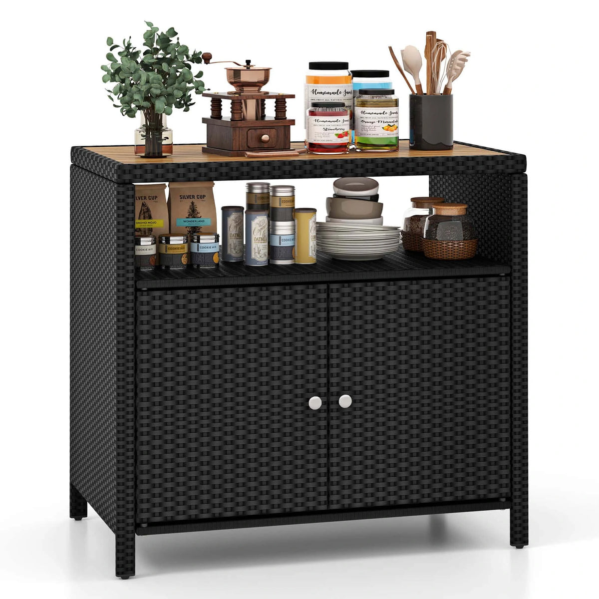 Costway Patio Rattan Storage Cabinet with Acacia Wood Countertop Open Shelf 2 Door Cabinet Black