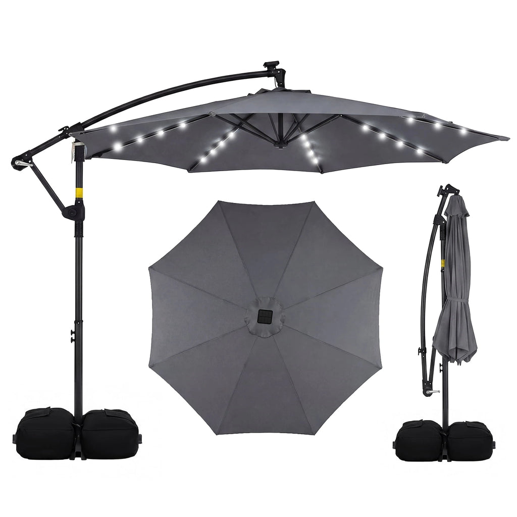 Costway 10 FT Solar Offset Hanging Umbrella Patio Cantilever Umbrella with 32 LED Lights Gray