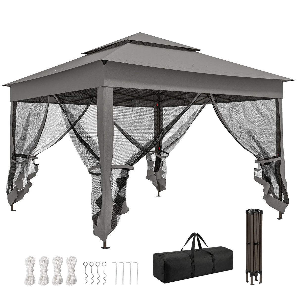 11'x11' Pop Up Gazebo 2-Tier Soft Top Gazebo w/ Mesh Netting, Dark Grey