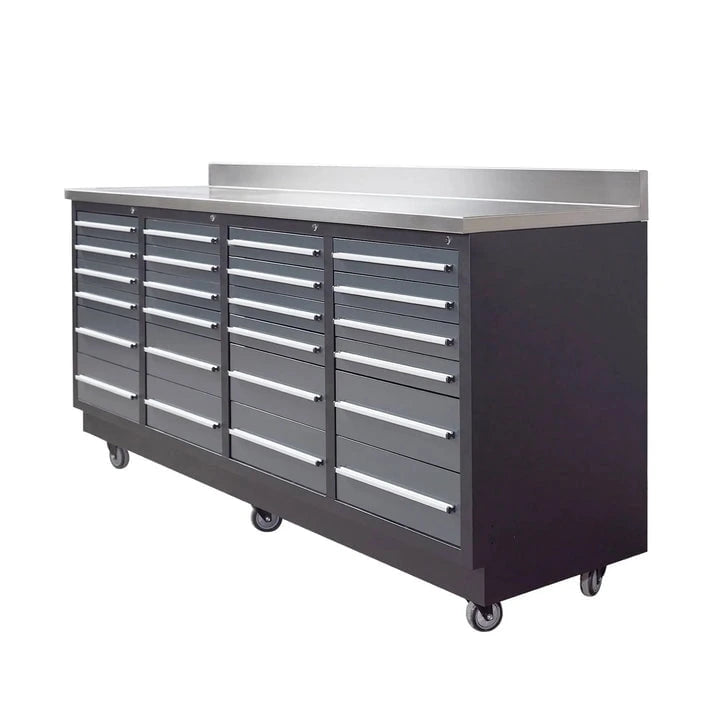 TMG Industrial TMG Heavy Series 7-Ft 24-Drawer Workbench with Stainless Steel Top, Ball Bearing Double Slides & Casters, TMG-WB724
