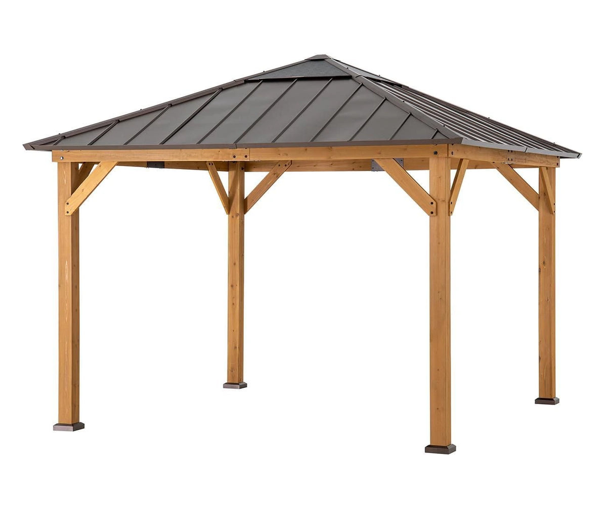 Sunjoy 11 ft. x 11 ft. Cedar Framed Gazebo with Brown Steel and Polycarbonate Hip Roof Hard Top