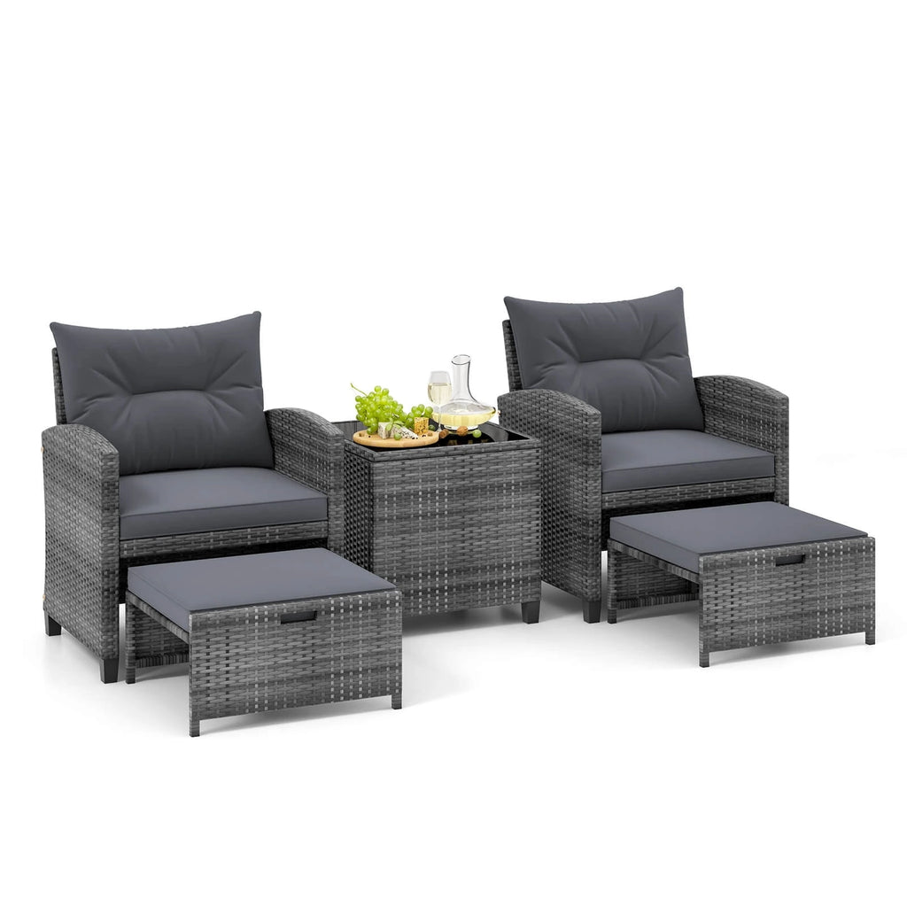 Costway 5 Piece Patio Rattan Furniture with 2 Ottomans & Tempered Glass Coffee Table Grey