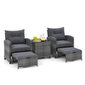 Costway 5 Piece Patio Rattan Furniture with 2 Ottomans & Tempered Glass Coffee Table Grey