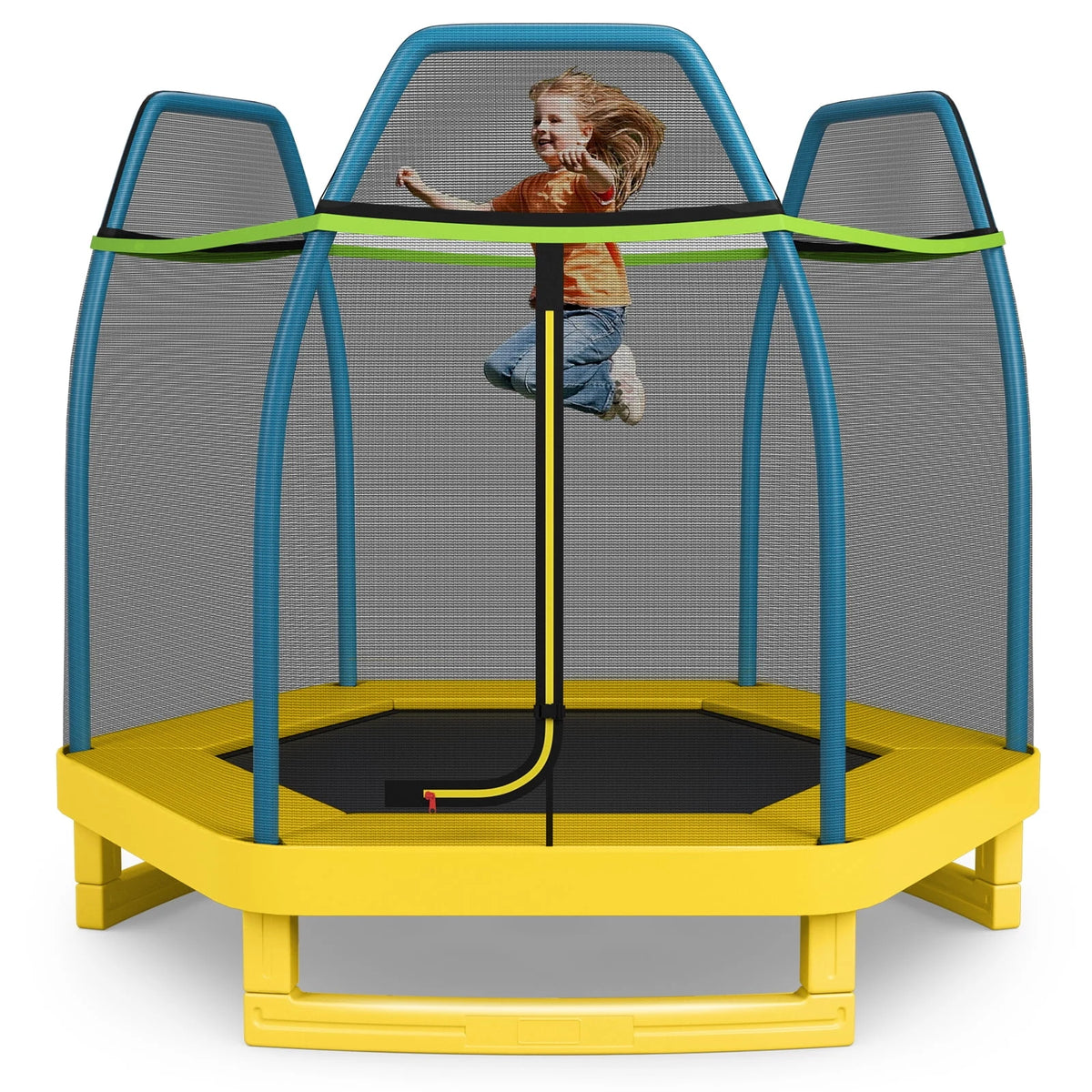 Patiojoy 7ft Kids Trampoline Round Bounce Jumping Bed with Safety Enclosure Net Green
