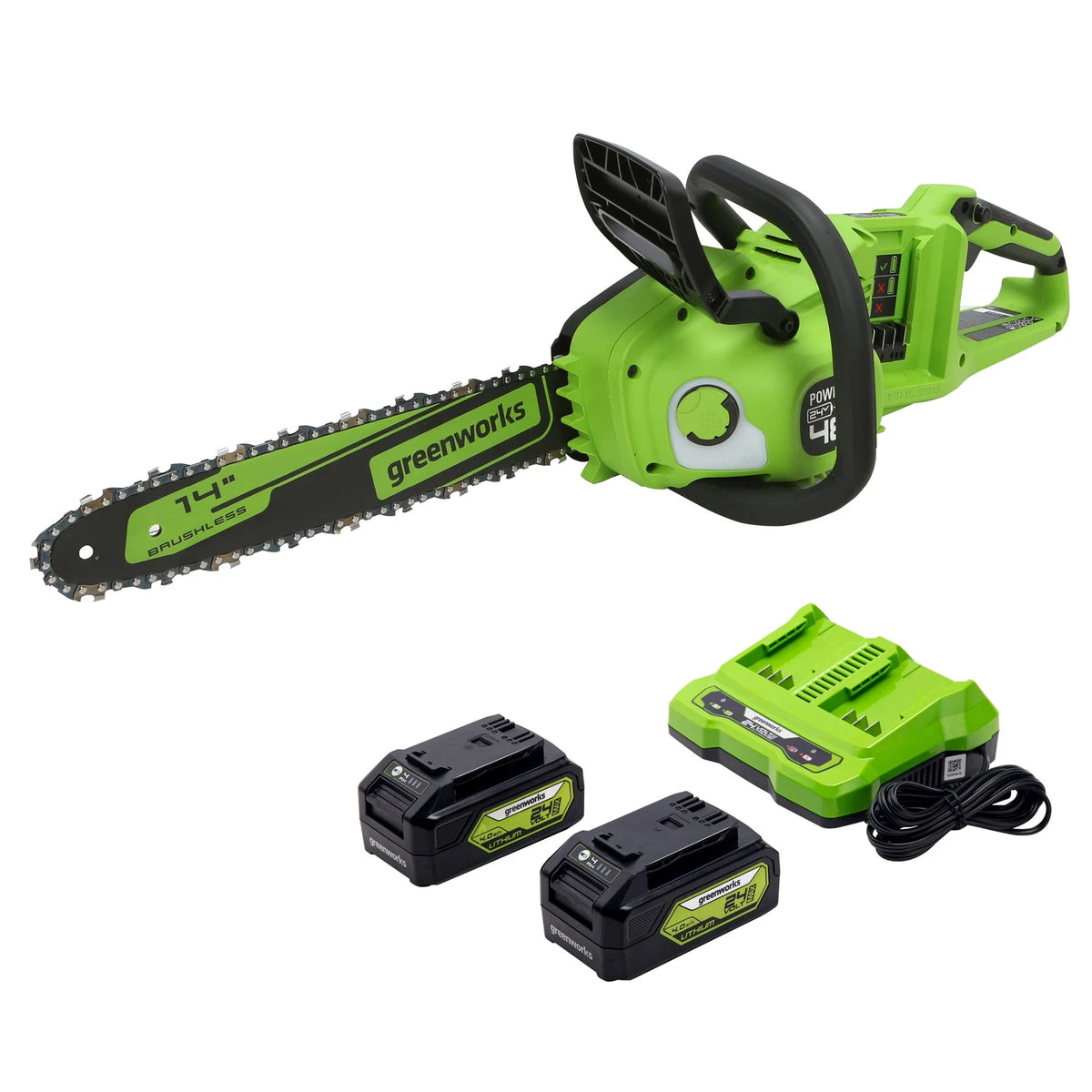Greenworks 2 x 24V (48V) 14" Cordless Brushless Electric Chainsaw, (2) 4.0 Ah USB Batteries and Dual-Port Charger Included [125+ Compatible Tools]