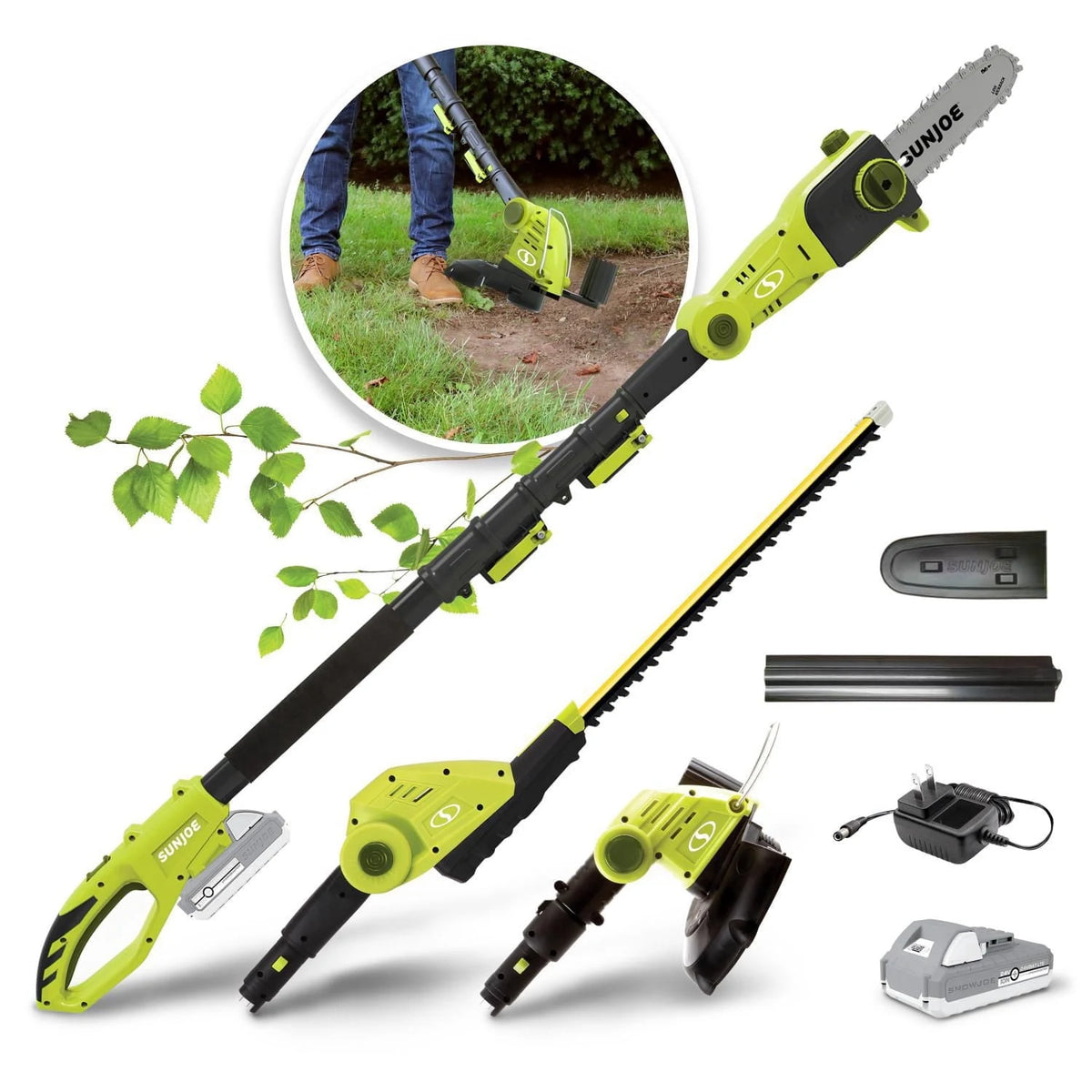 Sun Joe GTS4002C 24-Volt iON+ Cordless Lawn Care System Kit, Hedge Trimmer, Pole Saw, Grass Trimmer, W/ 2.0-Ah Battery and Charger