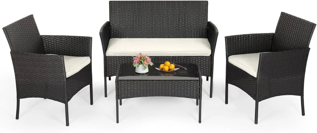 FDW 4-Piece Wicker Patio Furniture Set – Outdoor Rattan Conversation Set, Chairs, Sofa, and Coffee Table – All-Weather Bistro Set for Yard, Black