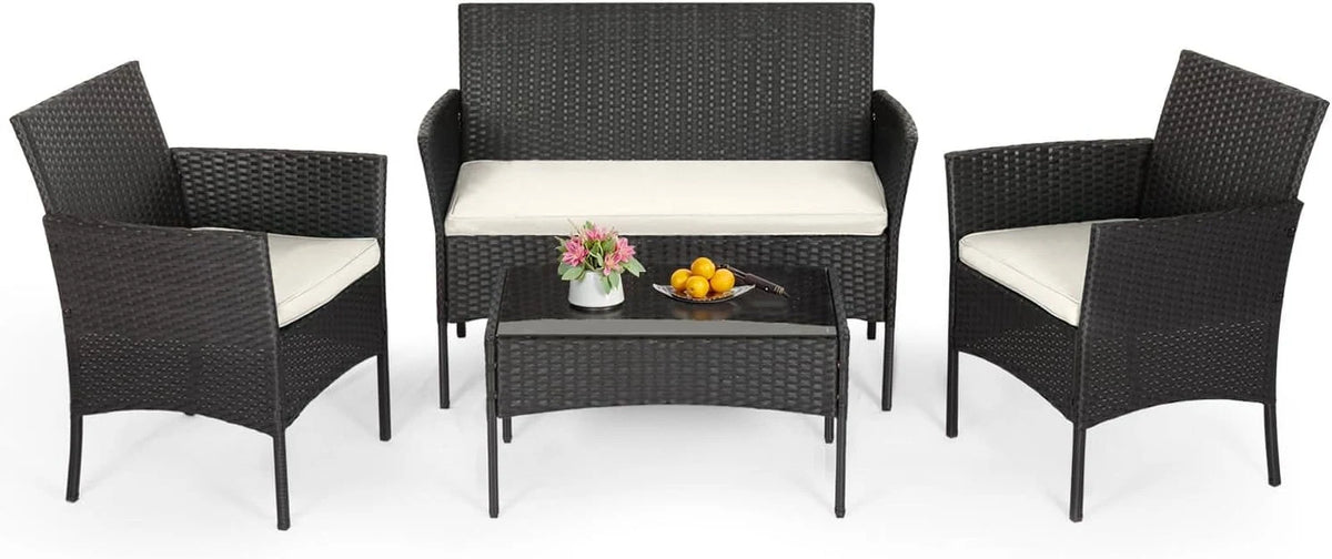 FDW 4-Piece Wicker Patio Furniture Set – Outdoor Rattan Conversation Set, Chairs, Sofa, and Coffee Table – All-Weather Bistro Set for Yard, Black