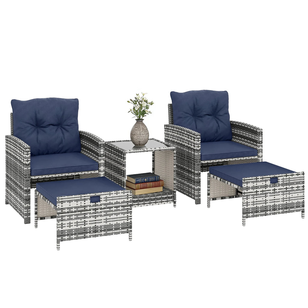 Outsunny 5 Piece Patio Furniture Set with Ottomans Cushions, Grey/Dark Blue