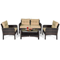 Patiojoy 4 Piece Patio Conversation Set Rattan Wicker Loveseat Sofa Coffee Table & Glass Top